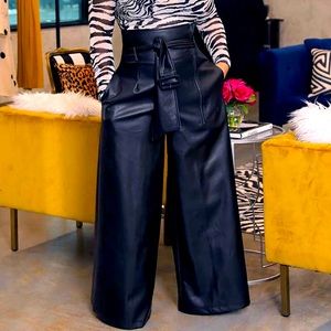 High Waist Wide Leg PU Leather Pants